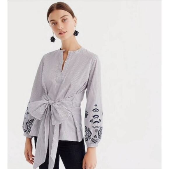 J.Crew Red Blue Striped Embroidered Wrap Tunic Blouse S Preppy Coastal Work Top - Picture 1 of 7